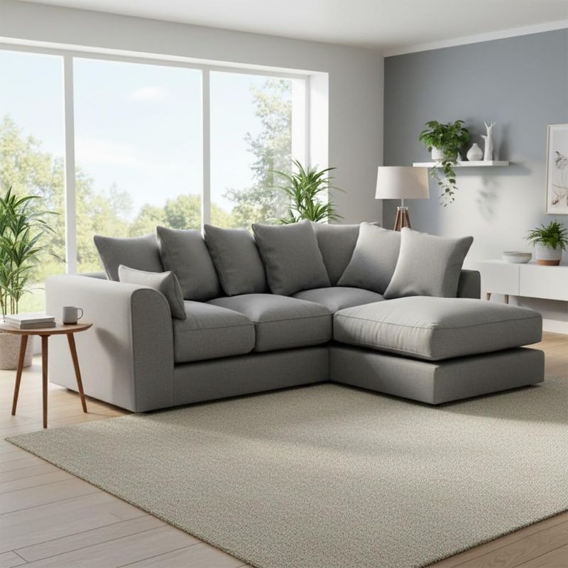 Jumbo Chenille L-Shaped Corner Sofa – Light Grey | 3–4 Seater | Left/Right Hand Chaise | Deep Seats | Wide Padded Arms | Modern Curved Design