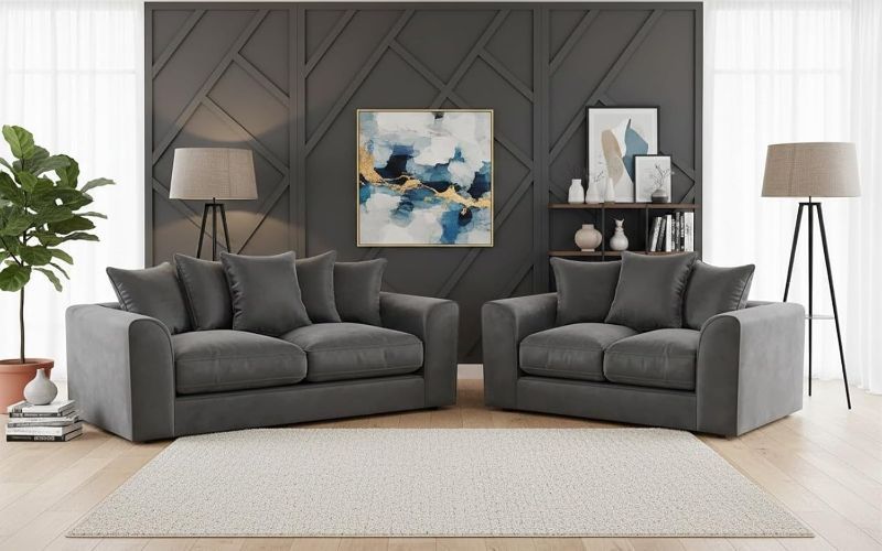 Grey Plush Velvet Sofa Set | 3+2 Seater Modular Suite | Dual Arm Soft Fabric Couch for Living Room
