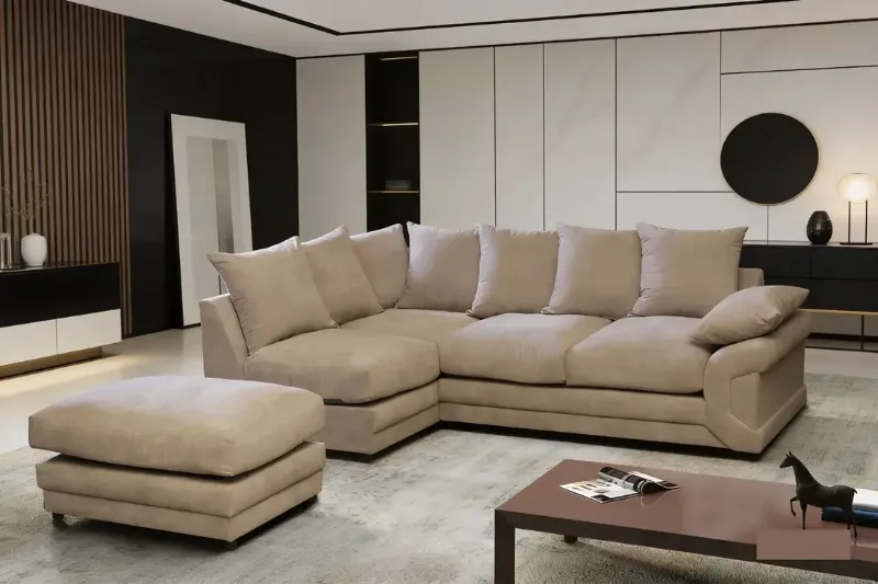 Dino Left Hand L-Shape Corner Sofa – Beige Fabric Sofa with Matching Footstool