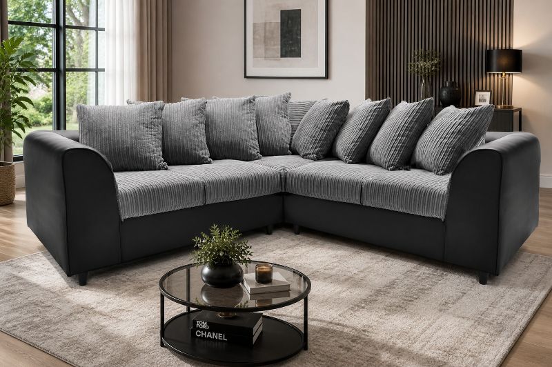 Dual Arm Settees, Faux Leather and Cord Fabric Sofas, Comfy 5 Seater Sofa, Modular Black Grey Scatter Back Settee
