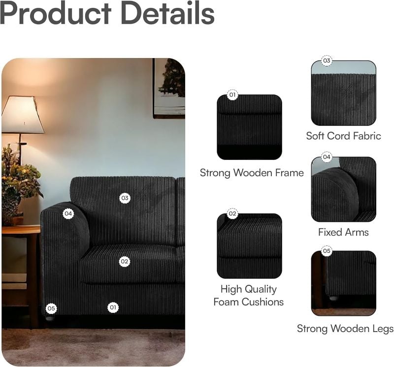 Dylan Jumbo cord Full Back Corner sofa (Black, Left Hand Corner)