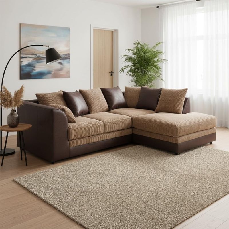 L-Shape Jumbo Cord 4 Seater Corner Sofa – LH/RH Facing Faux Leather Brown & Beige Scatter Back Couch for Living Room & TV Lounge