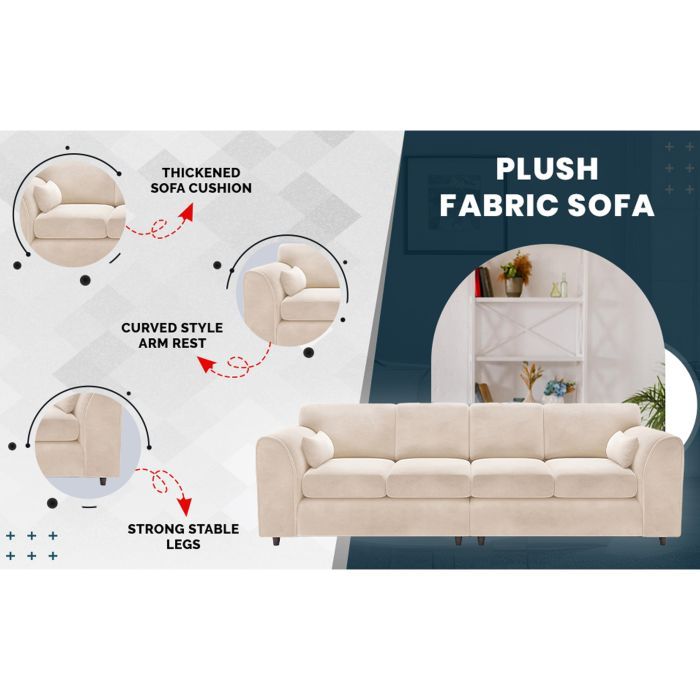Plush Velvet 4 Seater Fullback Sofa - Cream