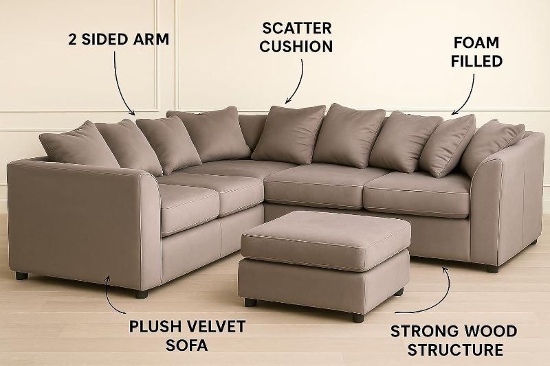 Plush Velvet 2C2 Corner Sofa – Grey | 5 Seater Modular Sectional with Footstool | Scatter Back Dual Arm Lounge Sofa