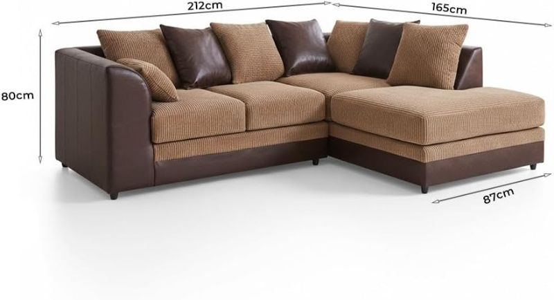 L-Shape Jumbo Cord 4 Seater Corner Sofa – LH/RH Facing Faux Leather Brown & Beige Scatter Back Couch for Living Room & TV Lounge