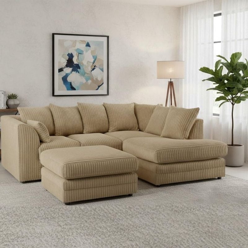 L-Shaped Jumbo Cord Corner Sofa Set with Footstool – 4 Seater Comfy Upholstered Sofa Suite – RH Facing & LH Facing