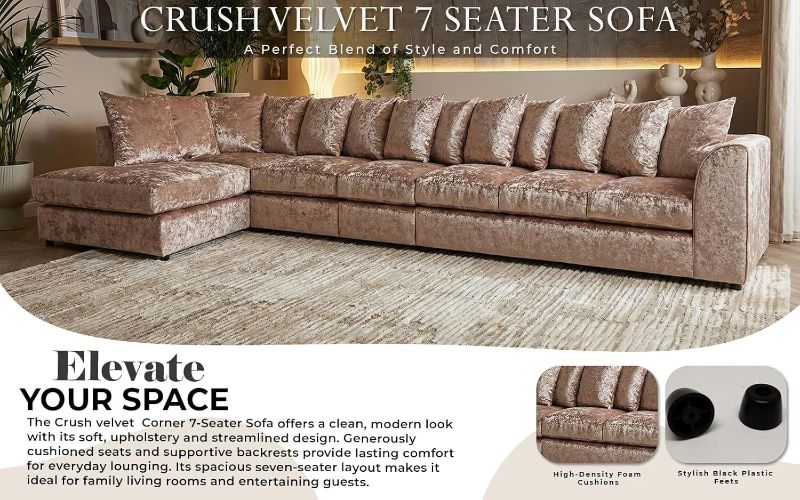 Crushed Velvet 7 Seater Corner Sofa (Mink, LH facing)