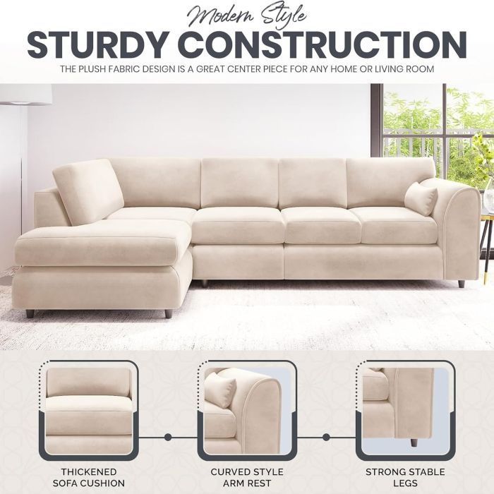 Delano Plush Velvet 5 Seater L-Shaped Corner Sofa – Cream | Left Hand Facing