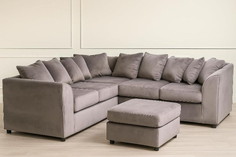 Plush Velvet 2C2 Corner Sofa – Grey | 5 Seater Modular Sectional with Footstool | Scatter Back Dual Arm Lounge Sofa
