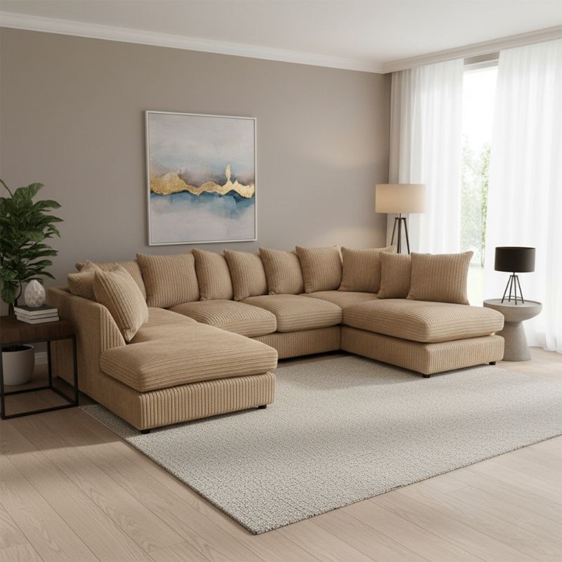 Jumbo Cord U Shape Beige Scatterback Sofa