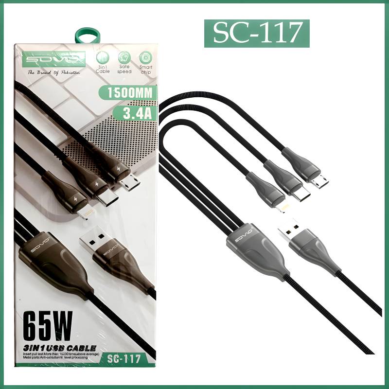 SOVO 3in1 USB Cable 65W 4.9 feet Lenth SC-117