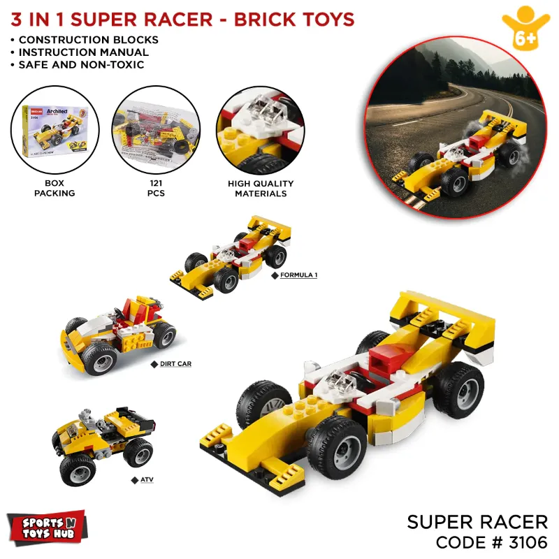 🆔 37 - Decool Architect Creator 3-in-1 Super Racer Car Building Blocks Set 3106 . . . . . . . . . . . . . . . . . . . . . . . . . . . . . . . . . . . . . . . . . . . . . . . . . . . . . . . . . . . . . . . . . . . . . . . . . . . . . . . . 🔴#Tags, (Decool 3in1 Building Set, Yellow Super Racer Blocks, Kids Educational DIY Toy, Quad Bike Go-Kart Kit, 121 PCS Model Bricks)