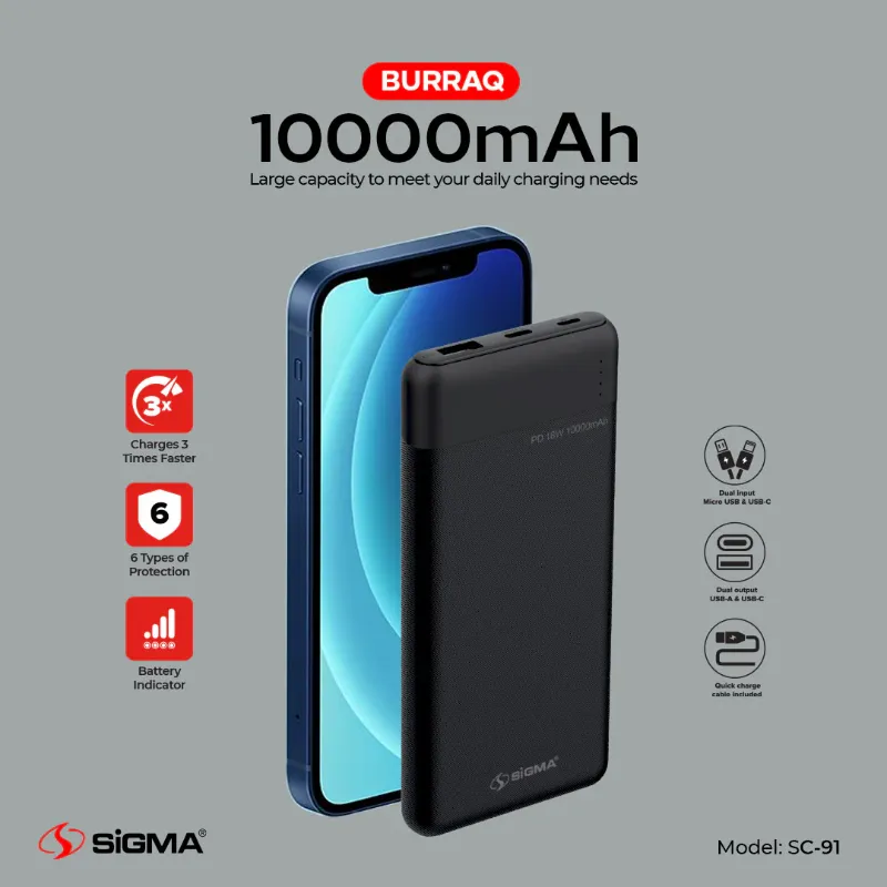 π 836 - SiGMA Burraq Power Bank 10,000mAh, 18w PD (SC-91)
