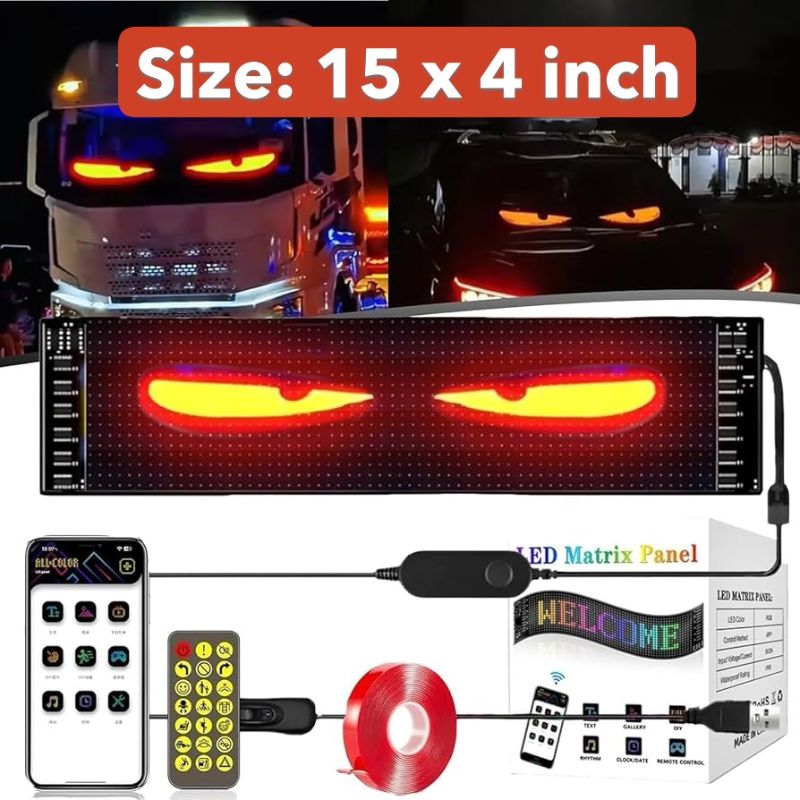 🆔 22 - Car LED Matrix Panel Devil Eyes Programmable and Flexible (Size - 15 x 4 inch) . . . . . . . . . . . . . . . . . . . . . . . . . . . . . . . . . . . . . . . . . . . . . . . . . . . . . . . . . . . . . . . . . . . . . . . . . . . . . . . . 🔴#Tags, (DIY Flexible LED Screen, Car Window Display Panel, Bluetooth App Remote Control, IP65 Waterproof Light, Customizable Pixel Animation)