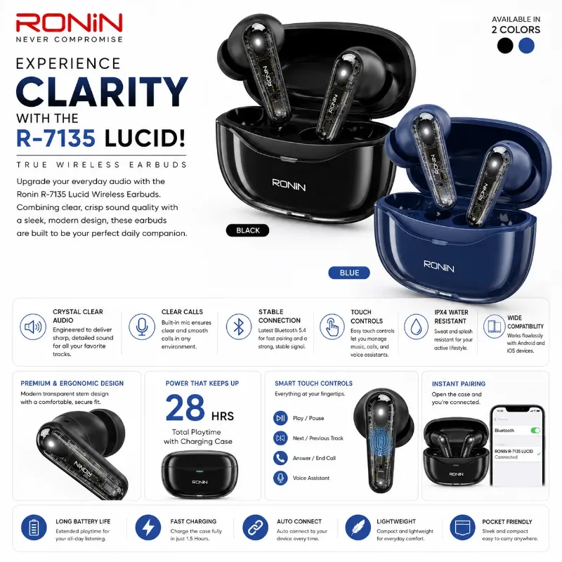 🆔 223 - RONIN - Lucid Wireless Earbuds (Model-R-7135) . . . . . . . . . . . . . . . . . . . . . . . . . . . . . . . . . . . . . . . . . . . . . . . . . . . . . . . . . . . . . . . . . . . . . . . . . . . . . . . . 🔴#Tags,(Lucid Wireless Earbuds, Bluetooth V54 Earbuds, Dual Device Connection, Quad Mic ENC Calling, Transparent Glass Finish)