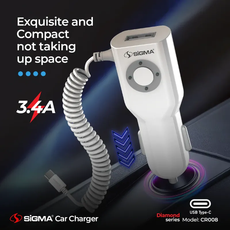 π 840 - SiGMA Diamond Series Car Charger with Built-in Type-C Cable, 3.4A (CR008)