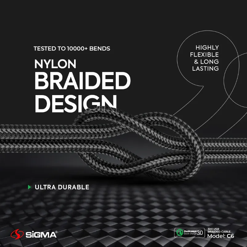 🆔 865 - SiGMA Braided Cable 3 in 1, 3.0A (C6)