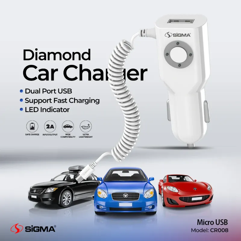 π 842 - SiGMA Diamond Series Car Charger with Built-in Micro Cable, 3.4A (CR008)