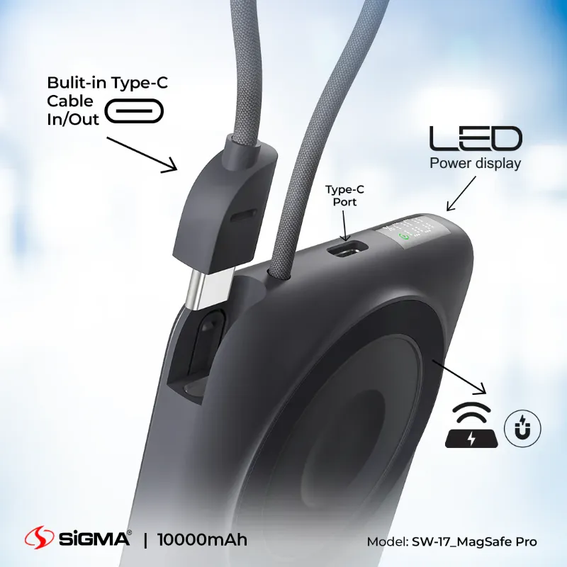 π 825 - SiGMA Wireless Power Bank 10,000mAh MagSafe Pro, 22.5w (SW-17)
