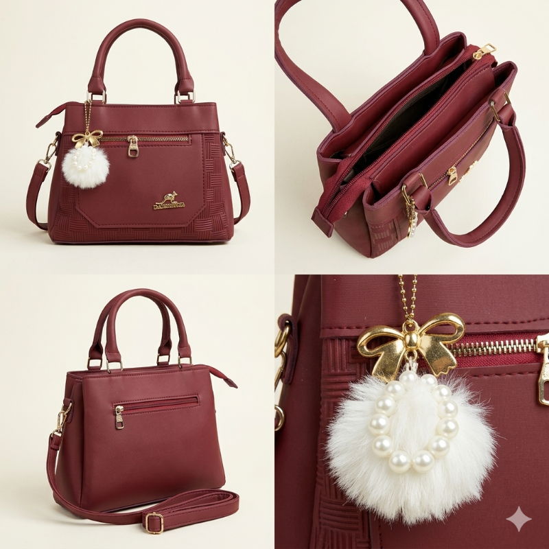 🆔 86 - Elegant Maroon Kangaroo Handbag with Pearl Charm . . . . . . . . . . . . . . . . . . . . . . . . . . . . . . . . . . . . . . . . . . . . . . . . . . . . . . . . . . . . . . . . . . . . . . . . . . . . . . . . 🔴#Tags, (Handbag Tote Purse Fashion Ladies)