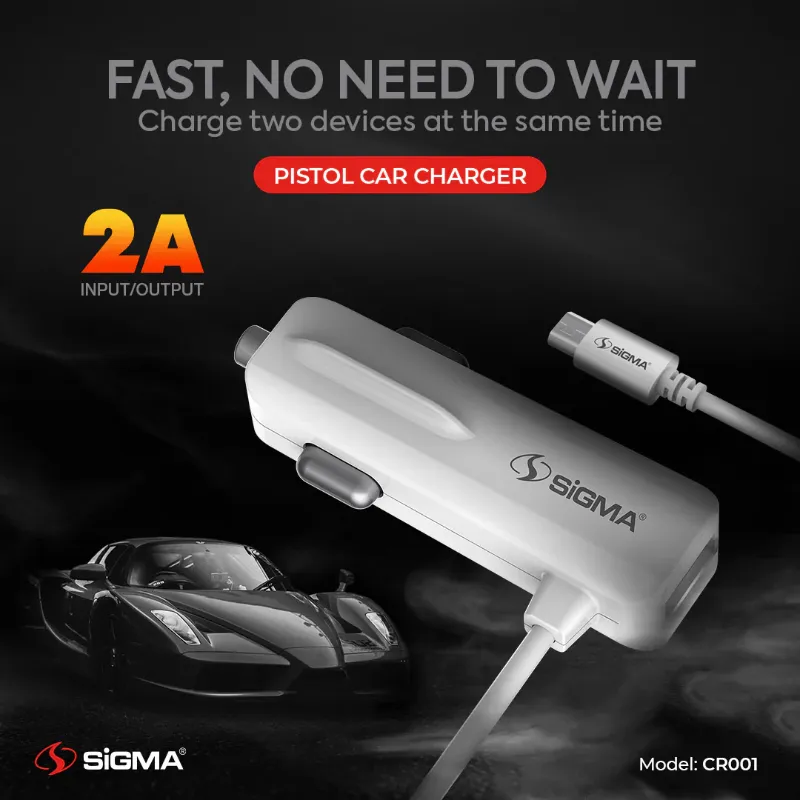 π 841 - SiGMA Car Charger with Built-in Micro Cable, 2.0A (CR001)