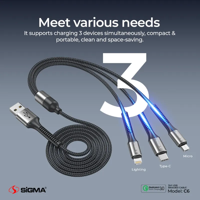 🆔 865 - SiGMA Braided Cable 3 in 1, 3.0A (C6)