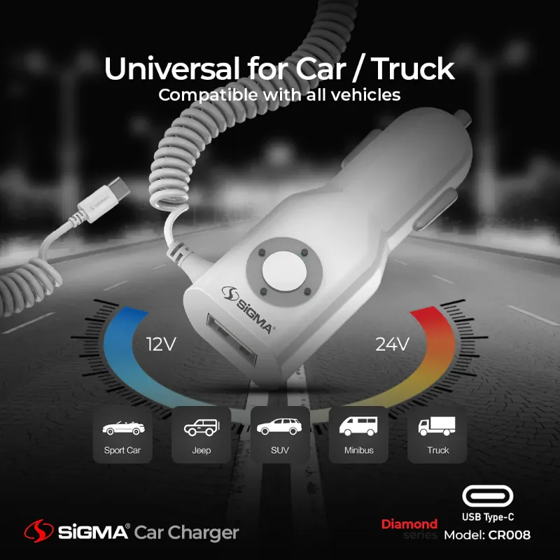 π 840 - SiGMA Diamond Series Car Charger with Built-in Type-C Cable, 3.4A (CR008)