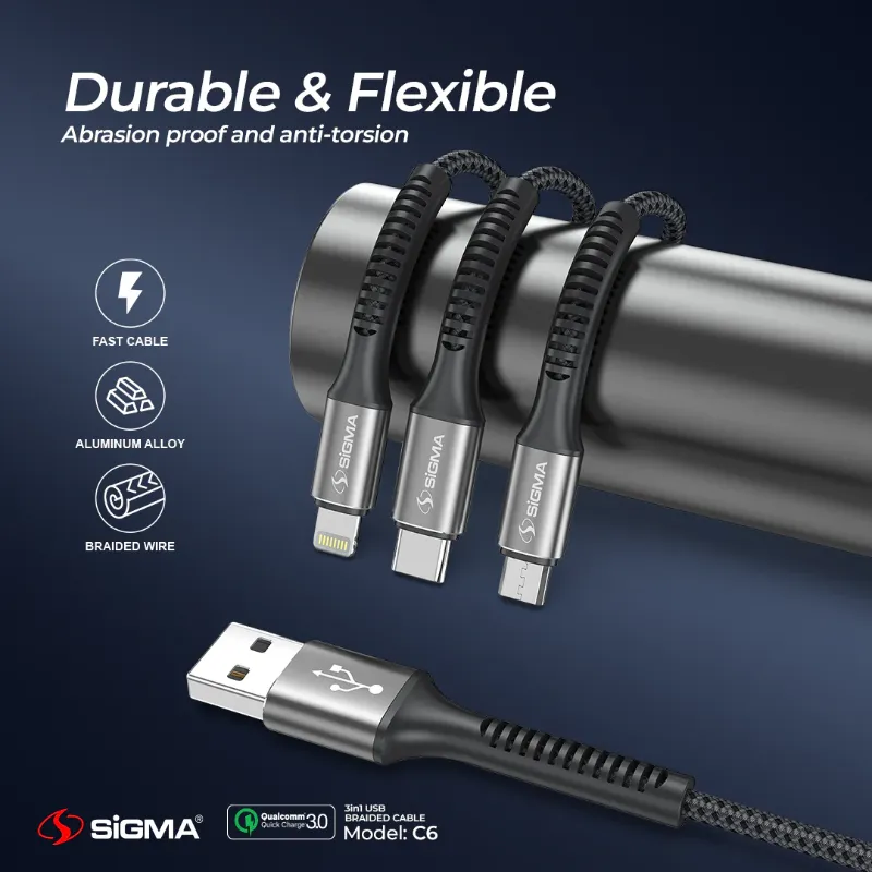 🆔 865 - SiGMA Braided Cable 3 in 1, 3.0A (C6)