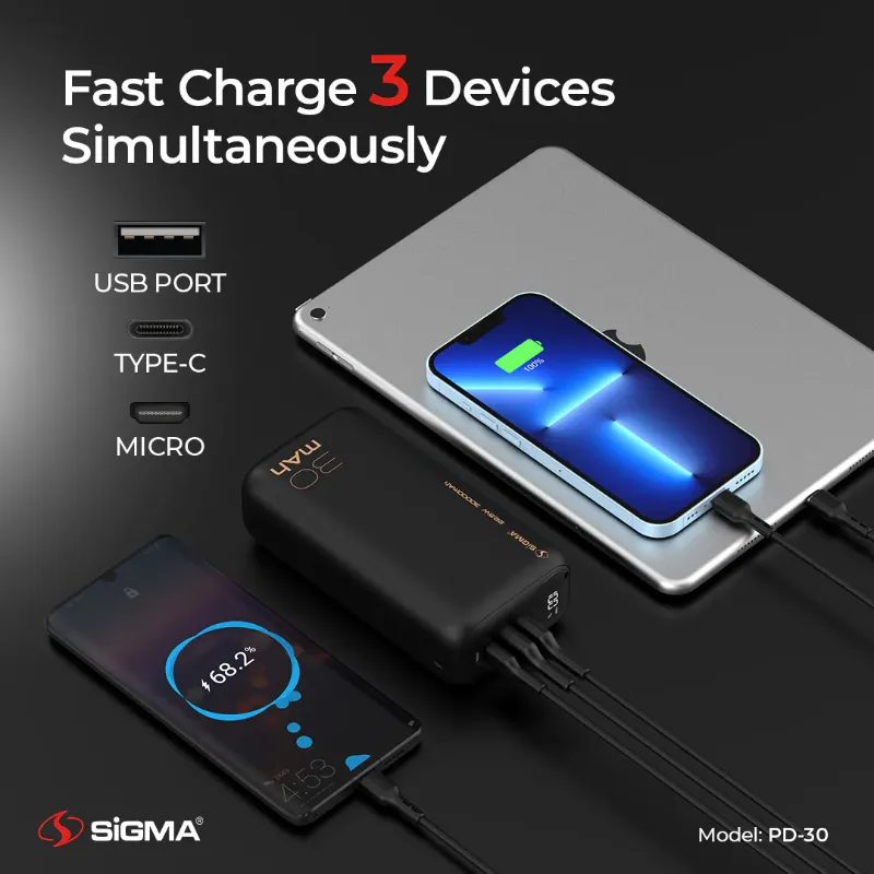 π 827 - SiGMA Shaheen Power Bank 30,000mAh, 22.5w (PD-30)