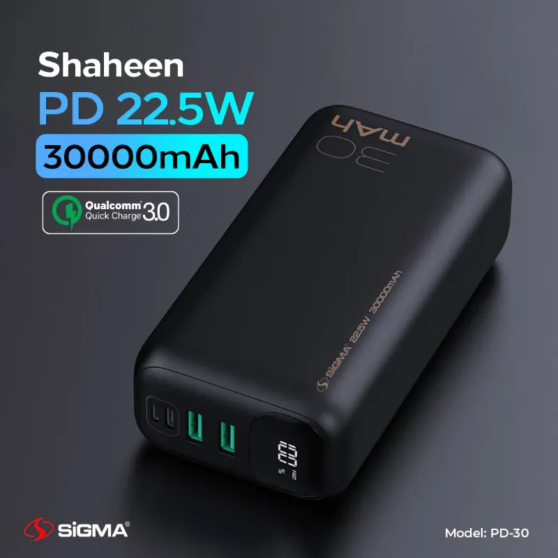 π 827 - SiGMA Shaheen Power Bank 30,000mAh, 22.5w (PD-30)