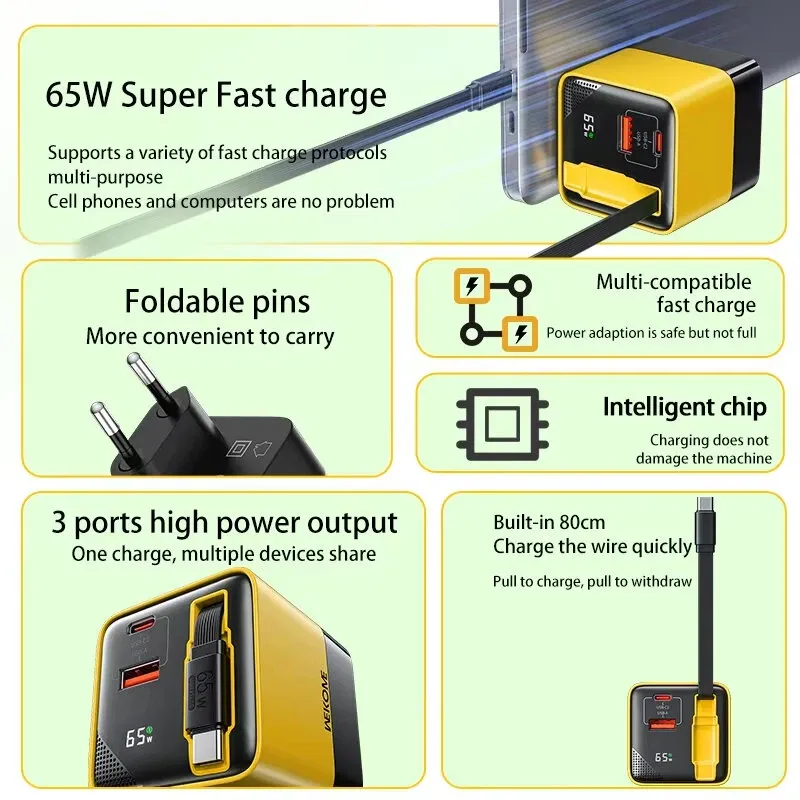 Retractable 65W GaN Charger