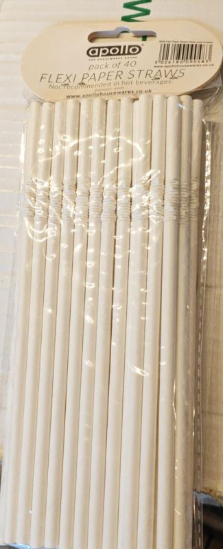 Apollo White Flexi Papper Straws **** 40 nos ( 20% Vat Included )