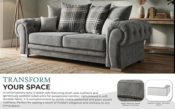 3+2 Seater Sofa Set Scatter Back Chesterfield Verona Couch Comfortable Scatter Back Couches, Grey Dual Arm