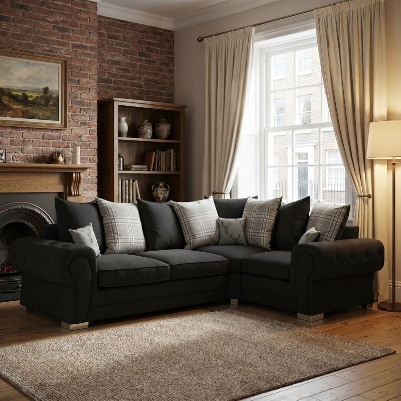 Black Verona L-Shaped Sofa – Chesterfield 4 Seater Modular Corner Couch with Soft Scatter Back Cushions