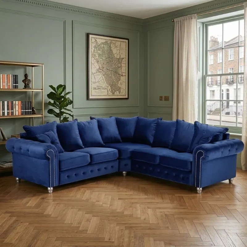 Corner 5 Seater Sofa Plush Velvet Chesterfield Couch Luxury 3 2 Seater Footstool
