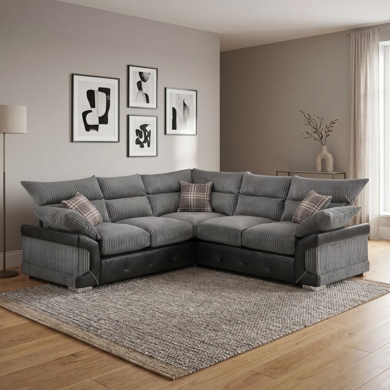 Logan 5-Seater Corner Sofa – Luxury Jumbo Cord & Leather 2C2 Design | High Back Modern Living Room Settee