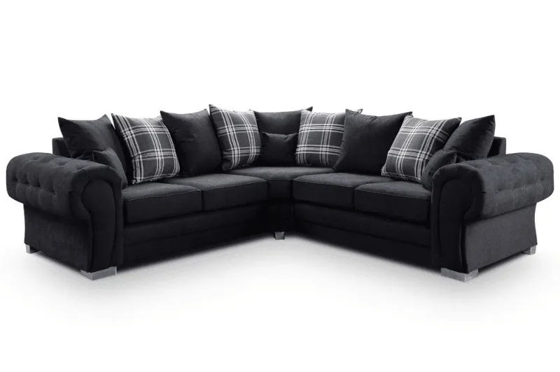 Corner Sofa | 5 Seater Sectional Couch | 2C2 Black Scatter Back Settee | Chesterfield Style Verona Sofa | Large L-Shaped Living Room