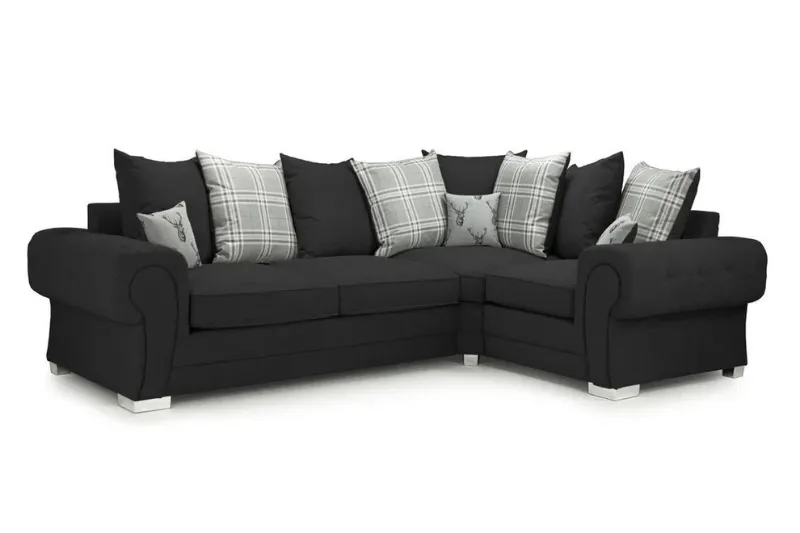 Black Verona L-Shaped Sofa – Chesterfield 4 Seater Modular Corner Couch with Soft Scatter Back Cushions