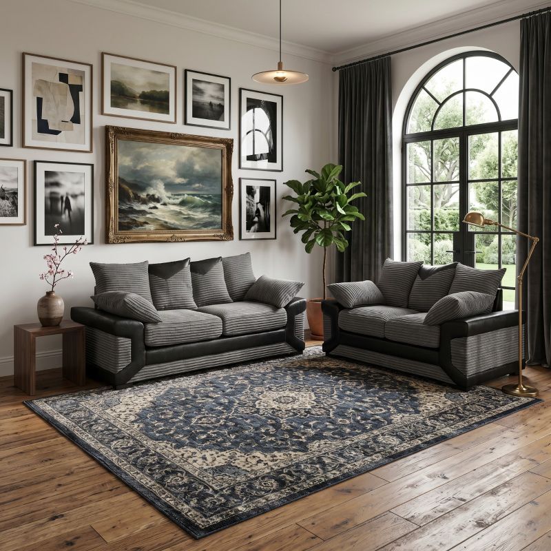 Jumbo Cord Corner Sofa - Modern 3&2 Seater Suites Black & Grey Scatter Back Couches
