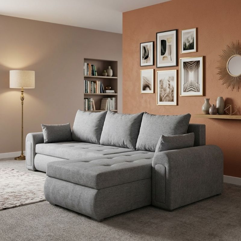 Grey Corner Couch Tufted Buttons Berlin Sofa Bed || Pulled Out Beds