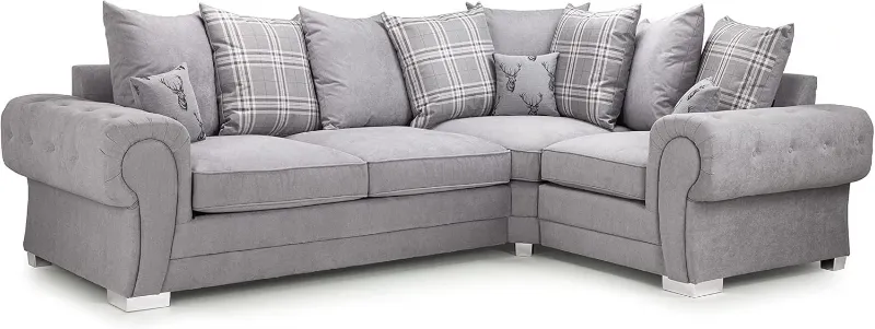 Chesterfield Verona Grey Velour Fabric Corner Sofa Suite Seater Scatter Back Left/Right Hand Facing