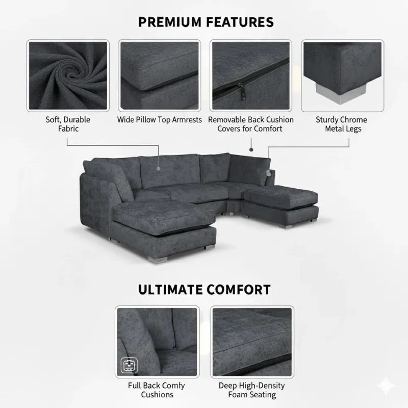 Large Grey U shape Corner Sofa 7 Seater Modular Couch Detachable Footstool