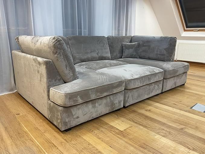 Large U Shape Cinema Sofa - Plush Velvet U Shape Grey Sofa with Foot Rest / Sofa Bed