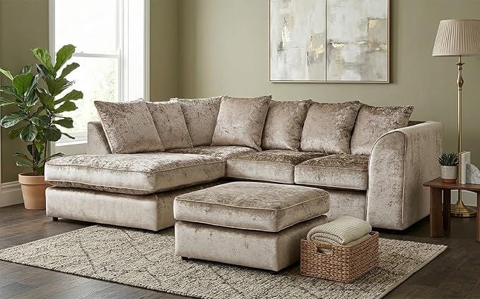 Mink Crushed Velvet Corner Sofa with Footstool  Memory Foam Cushions – Modern Sectional Sofa for Living