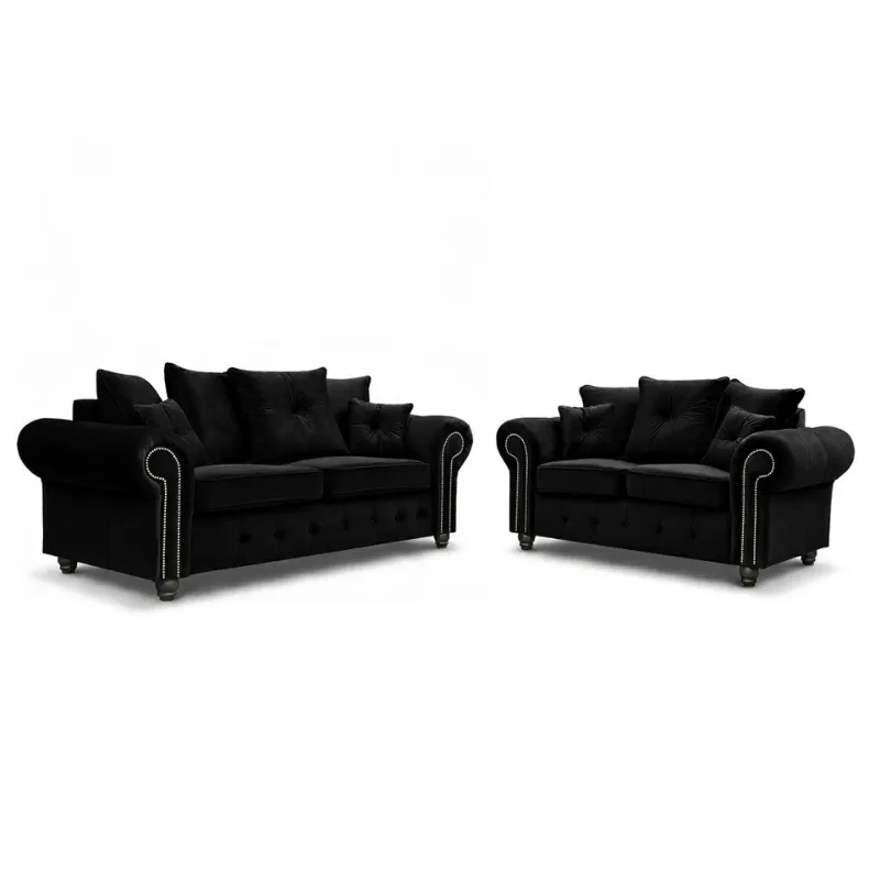 Nicole Chesterfield Black Corner Couch Plush Velvet Comfy 3/2 Settee Sofa