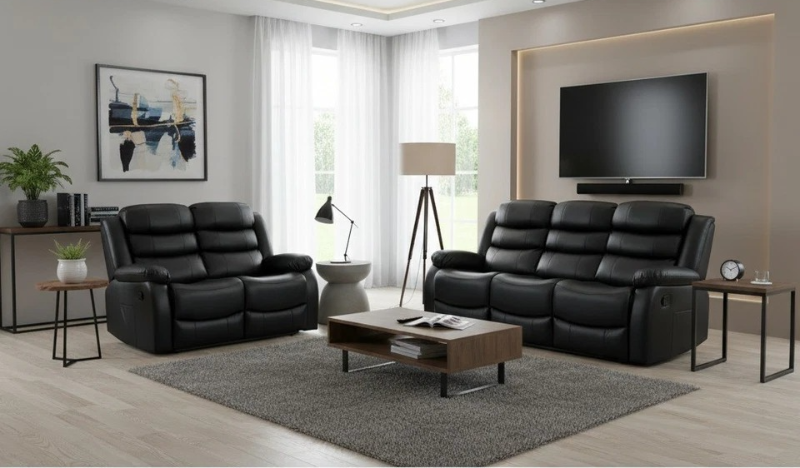 Roma Recliner Sofa Set 3+2 Seater Black Faux Leather Lounge Suite Couch Manual Recliner