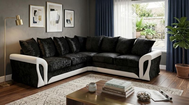 2C2 Corner Sofa –Black 5 Seater Crush Velvet Sectional Couch