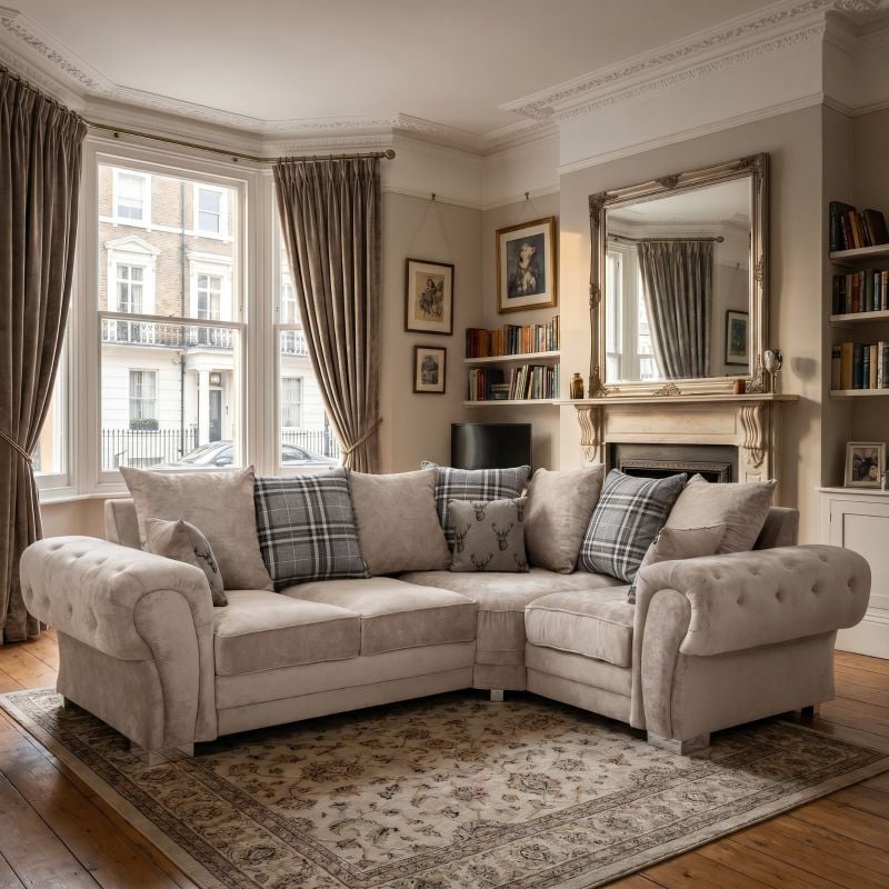 Chesterfield Verona Grey Velour Fabric Corner Sofa Suite Seater Scatter Back Left/Right Hand Facing
