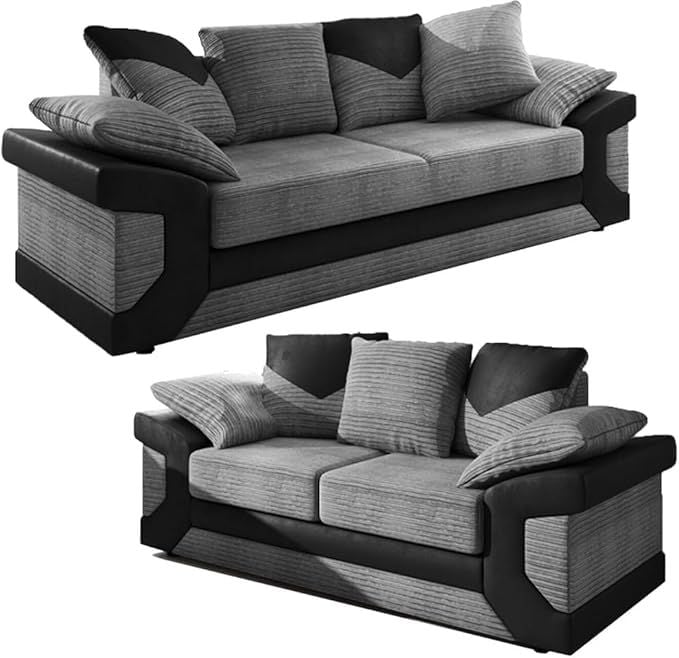 Jumbo Cord Corner Sofa - Modern 3&2 Seater Suites Black & Grey Scatter Back Couches