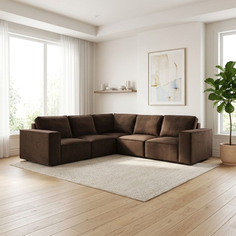 Chocolate Brown Velvet 5 Seater Corner Sofa with Reversible Chaise